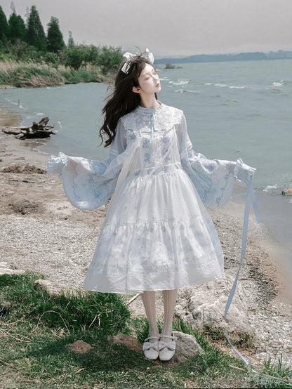 Sleeveless Tie Strap Shell Embroidered Dress in White and Blue - Yimu Walnut