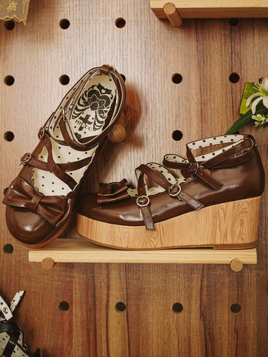 at Bow Design PU - Brown Top Platforms Crisscross Wedge