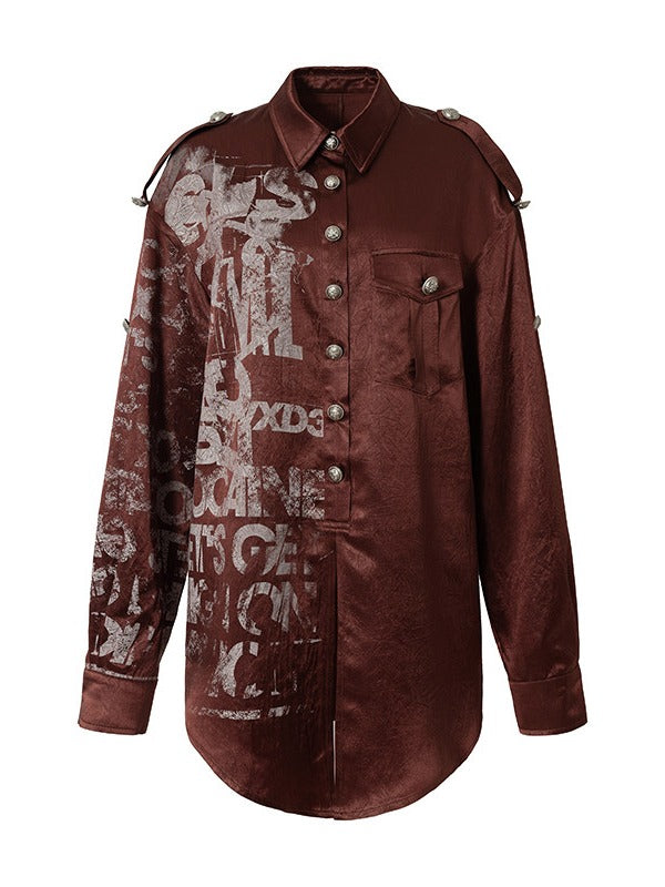 Loose-Fit Long Sleeve Tee with Wine Red Distressed Graffiti Punk Motif - NO ROMANCE