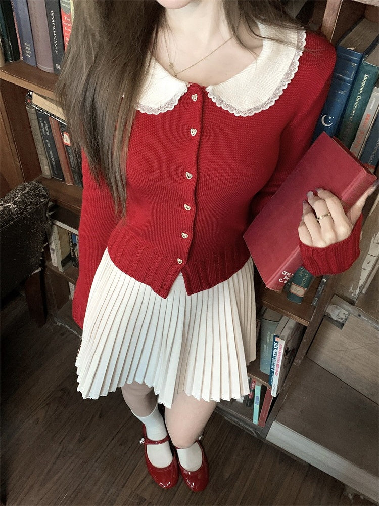 Red Knit Peter Pan Collar Cardigan with Lace - Qchiwawameme