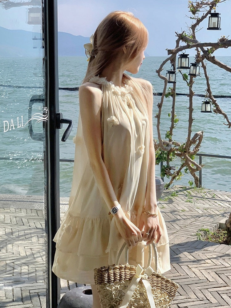 Milk Yellow Halter Dress with Floral Accents - Qchiwawameme