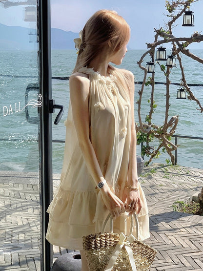 Milk Yellow Halter Dress with Floral Accents - Qchiwawameme
