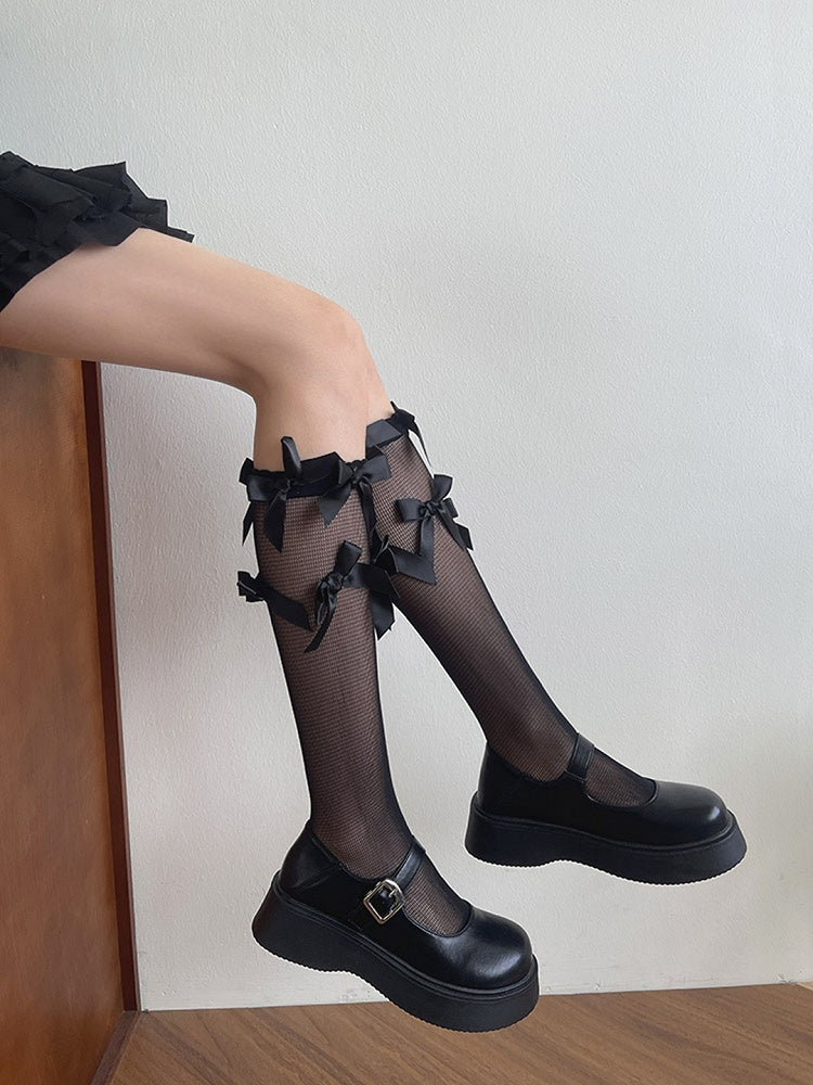 Bowknot Semi-sheer Details White/Black Stockings Underknee