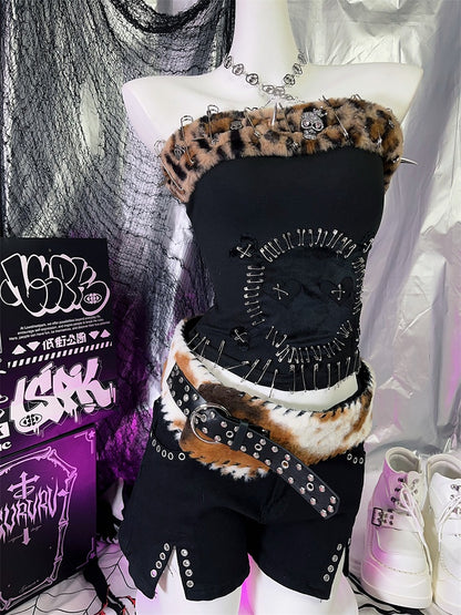 ブラックスタッド＆リングプラッシュバックルベルト