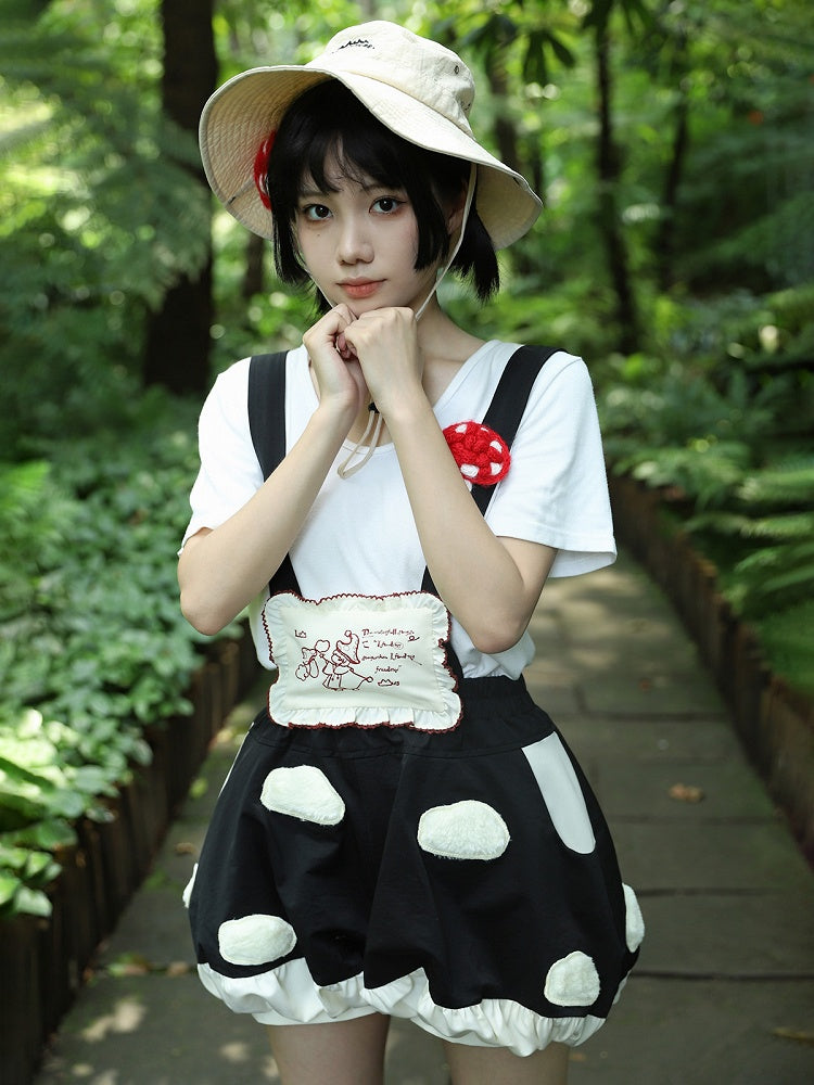 Mushroom Sweet Bubble Fleece Short Lolita White Straps Spot with Applique Black Detachable
