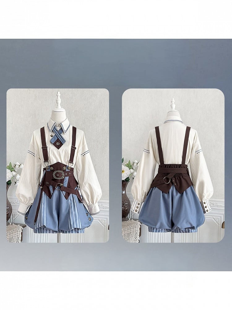 Vintage Ouji Lolita Beige Shirt Blue Striped Bloomers Brown Belt Four Piece Set - Unknown Star