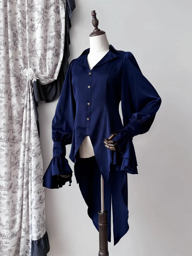 Dark Blue Gothic Lolita Swallow Tail Long Sleeves Shirt