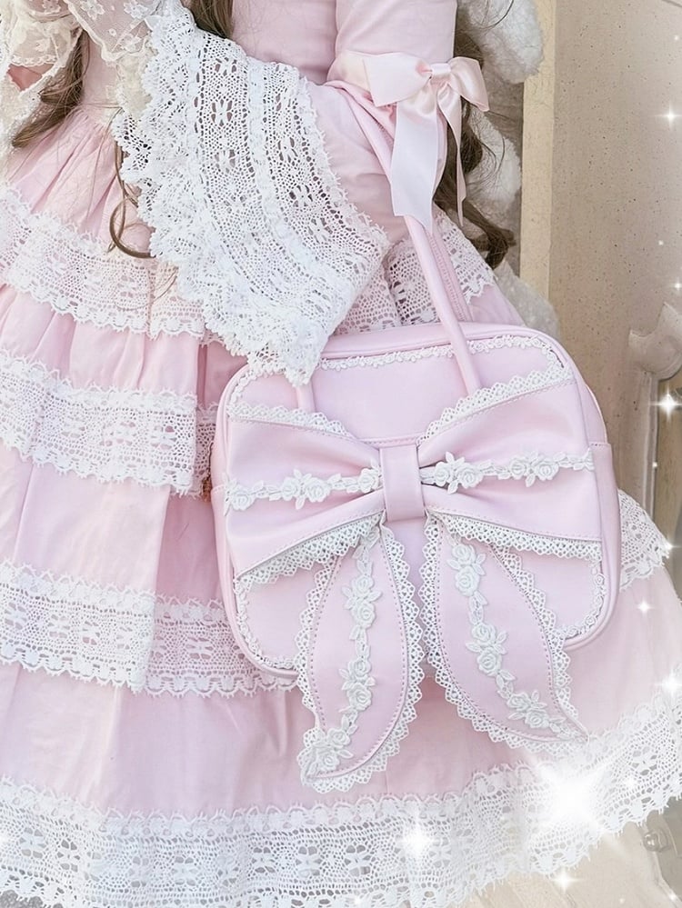 Old Square School Lace und mit PU Lolita Pink Umhängetasche Schleifendetails