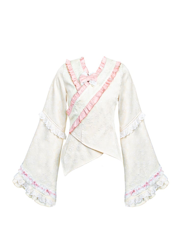 with Ruffle Kimono-Style Trim Jacquard Long Apricot Top Sleeve Wrap