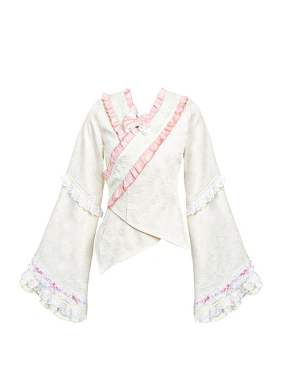 with Ruffle Kimono-Style Trim Jacquard Long Apricot Top Sleeve Wrap