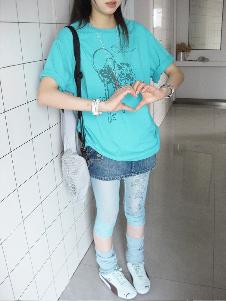 Casual Kawaii Cyan Round Neck Short Sleeve Tee with Key Print