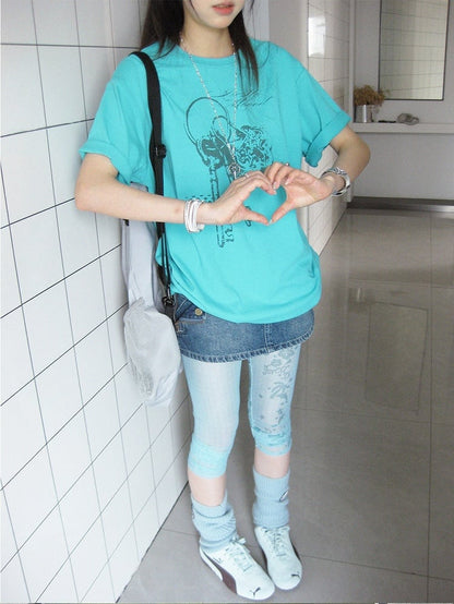 Casual Kawaii Cyan Round Neck Short Sleeve Tee with Key Print