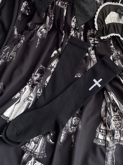 Calf Socks White/Black Print Cross Lolita