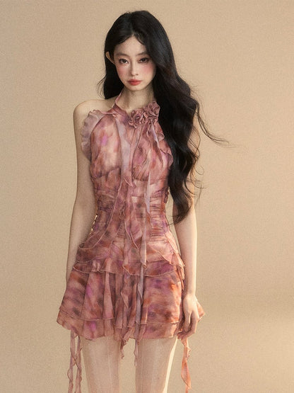 Brick Red Halter Neck Ruffled Hem Tiered Skirt Dress Glamorous