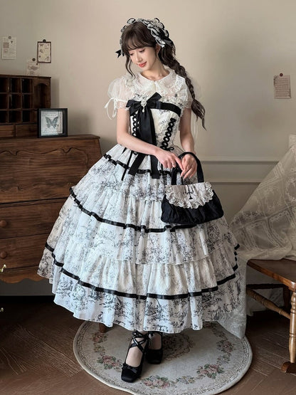 Elegant Hanayome-Style Black & White Porcelain-Inspired 120CM-Length Lolita Princess Dress - Sleepless Star