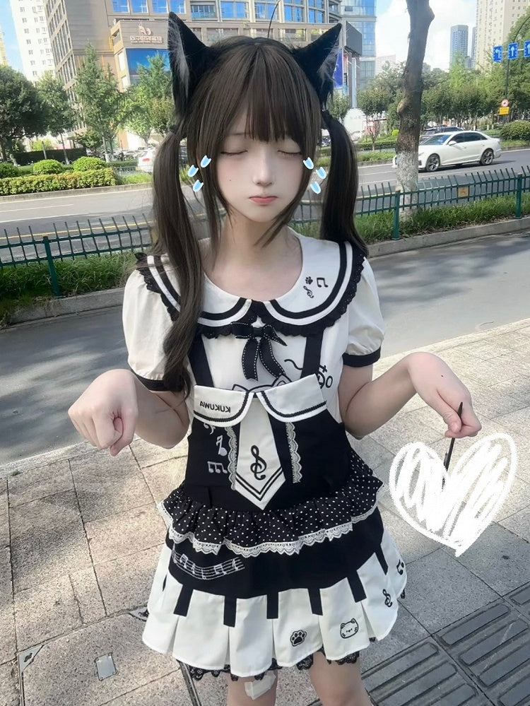 and / T-shirt Kitten Collar White Dress Peter Key' - Black Pan Overall Pleats Adorable 'Piano Box with Print Soft