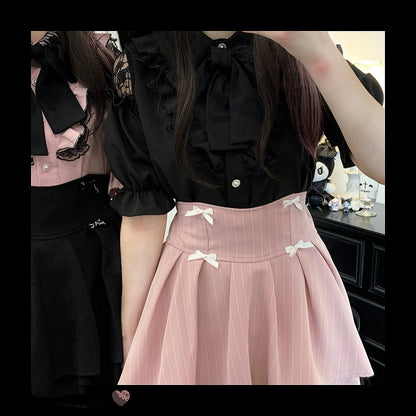 カットアウトショルダーレーストリムブラウスタイ（リボン付き） ジライケイ ブラック/レッド/ピンク/ホワイト