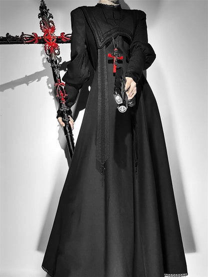 Embroidery Nun Halloween Sleeves Leg-of-Mutton Dress Black Outfits Lolita Cross