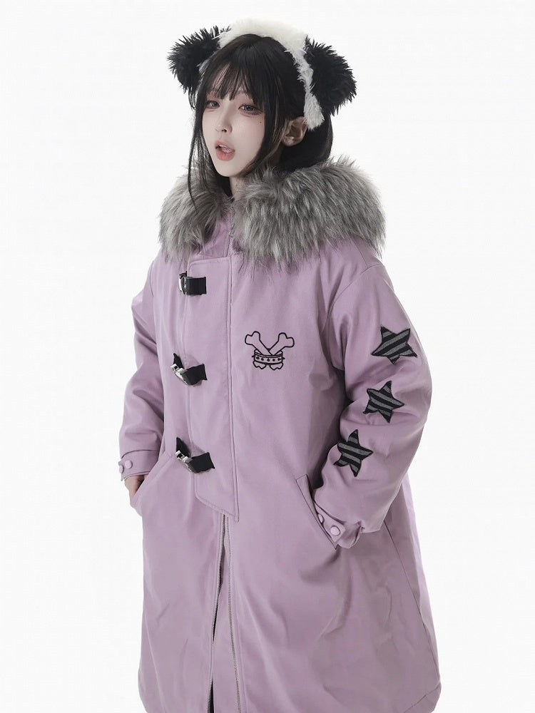 and Cozy Detailing Fleece-Lined Hood Mid with Black/Purple Star Coat Patch Plush Length