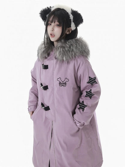 and Cozy Detailing Fleece-Lined Hood Mid with Black/Purple Star Coat Patch Plush Length
