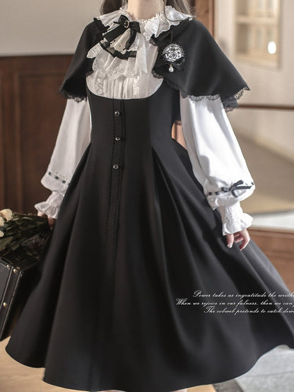 Black Elegant White Vintage Classic with Cape and Dress Lolita Detachable