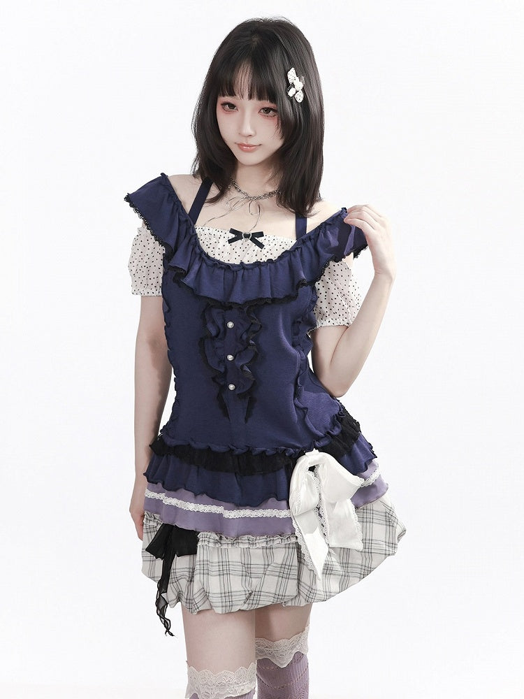 White Plaid Bubble Skirt with Black Bow - PINK SAVIOR