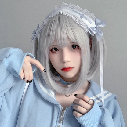 Ruffled Lace Hairband with Light Jirai Kei White Blue Bow and Cross