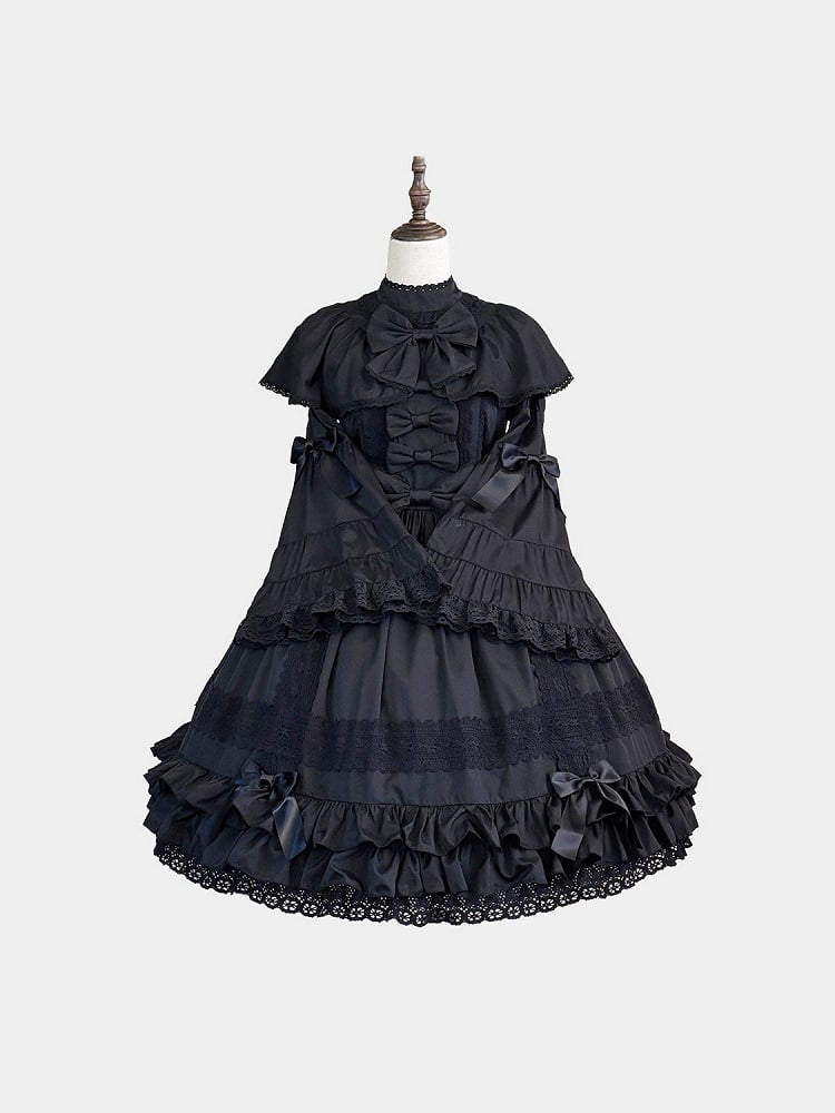 Gothic Lolita Black Bowknot A-line OP Dress Doll Style with Bell Sleeves Ruffle Trim - NnSTAR