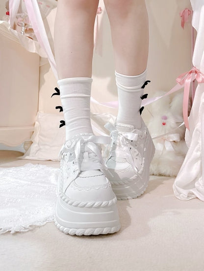 Buttercream White Kawaii Platform Lace-Up Edging Sneakers Classic - Ruffle