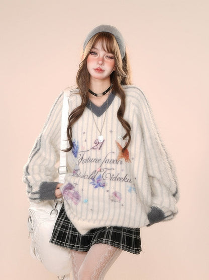 Ocean Print V-Neck White Plush Sweater Stripes with