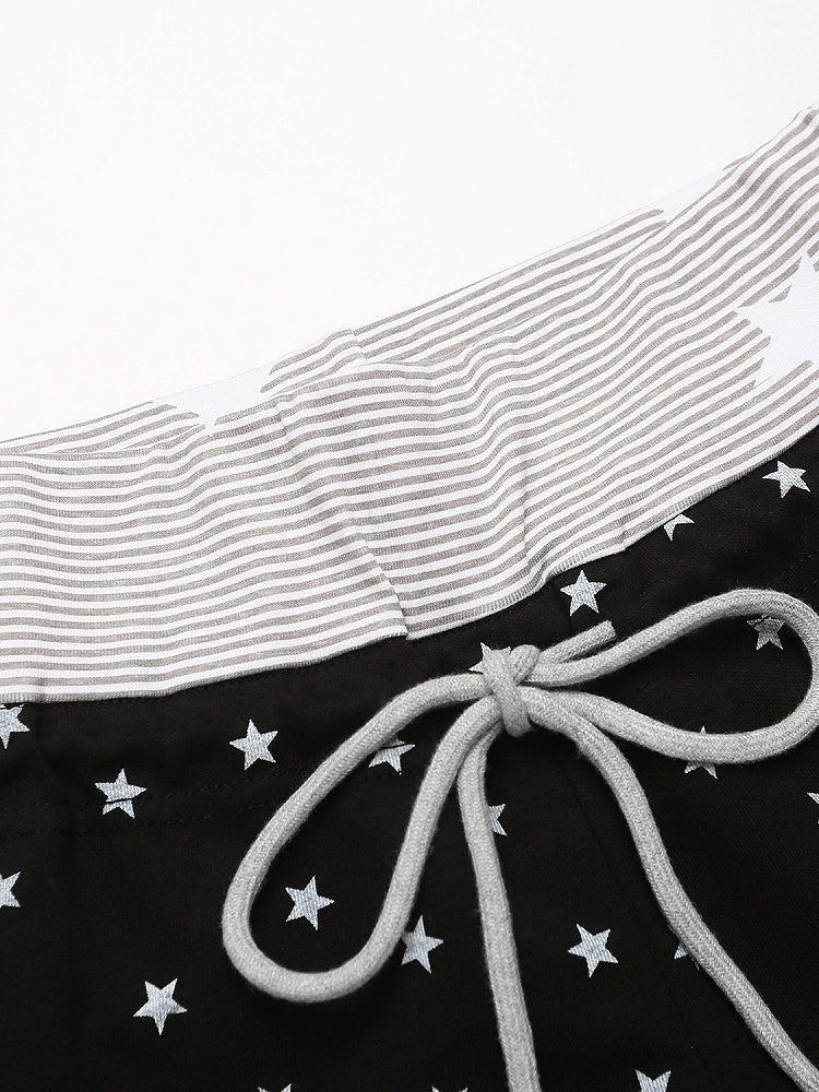 Drawstring Shorts with Star Print & Striped Waistband in Black - Languid Park