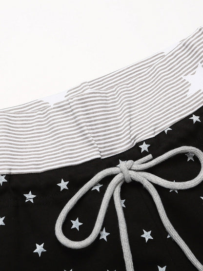Drawstring Shorts with Star Print & Striped Waistband in Black - Languid Park