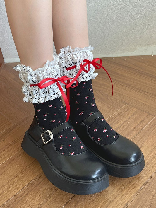 Trim Floral Details Bowknot Calf Black/White Lace Pattern Socks