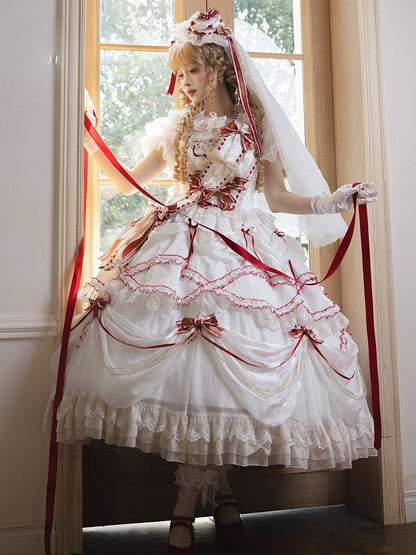 Cake Dress Lolita Embroidered Red White Cherry Hime with Bows Ruffled Multi-Layered