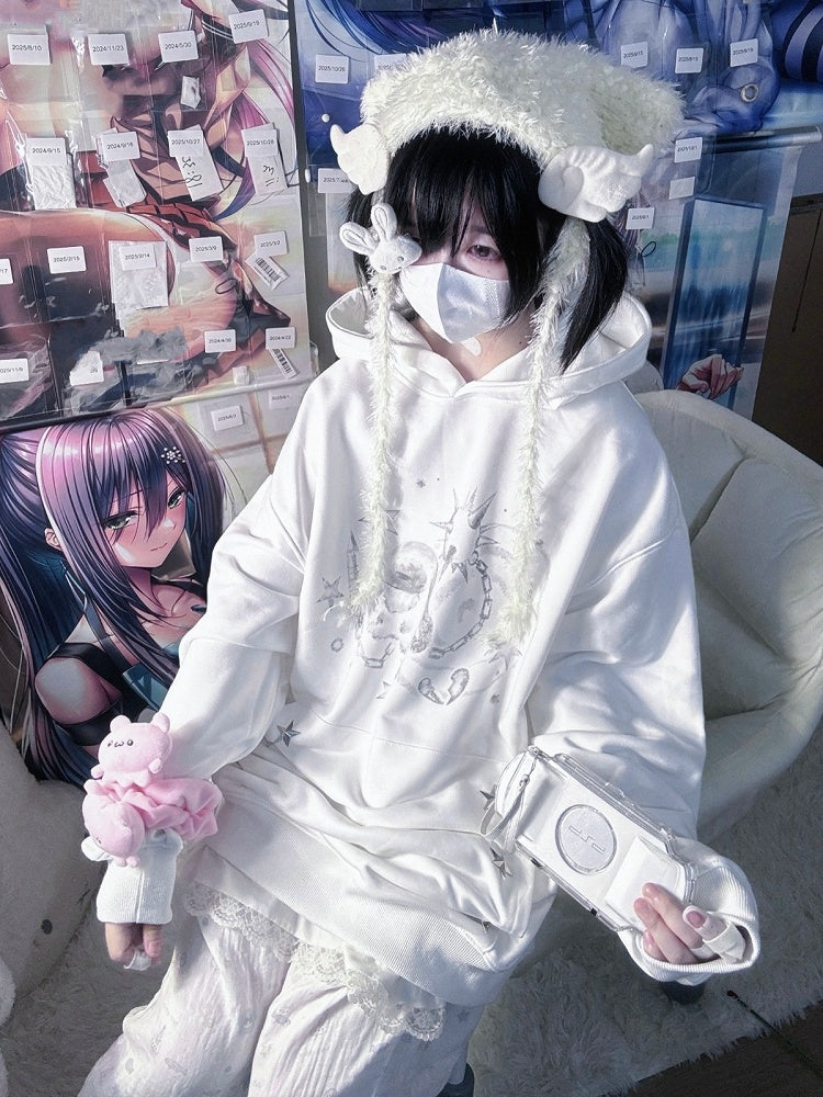 White Casual Rabbit Pattern Hoodie with Star Decoration - NEMU
