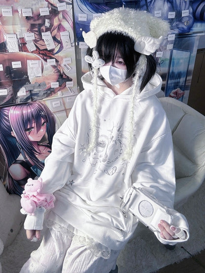 White Casual Rabbit Pattern Hoodie with Star Decoration - NEMU