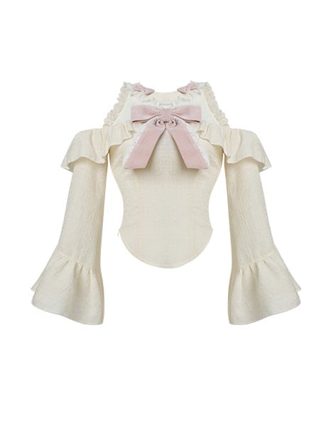 Shoulder Accent Trim Top Lace Bow Cutout Apricot with Ruffle and