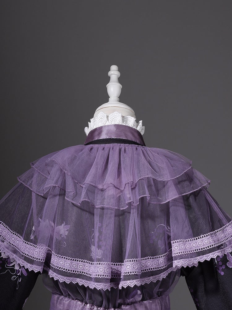 Floral Crossover Dress Neck Black Overdress Purple + Lolita Skirt Han Print Tulle