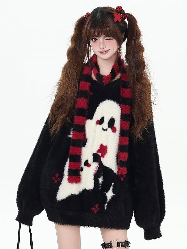 Ghost Sweater Pattern Scarf Striped with Pink/Black/Red Kawaii