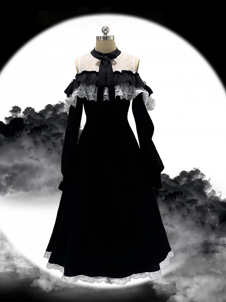 Jacquard Dress Rose Lace Black with Long-Sleeve Cutout and White Bow Jirai Shoulder Ruffled Kei