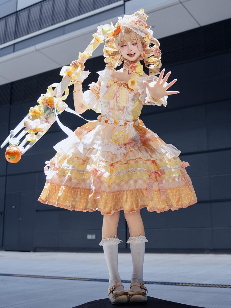 JSK Accents Tiered Sweet Persimmon Bow Lolita Full Cake Orange Set Skirt