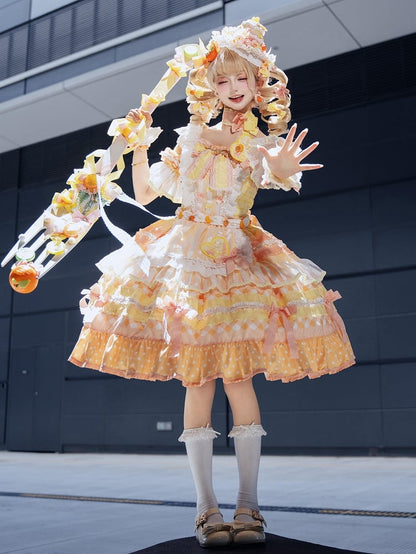 JSK Accents Tiered Sweet Persimmon Bow Lolita Full Cake Orange Set Skirt
