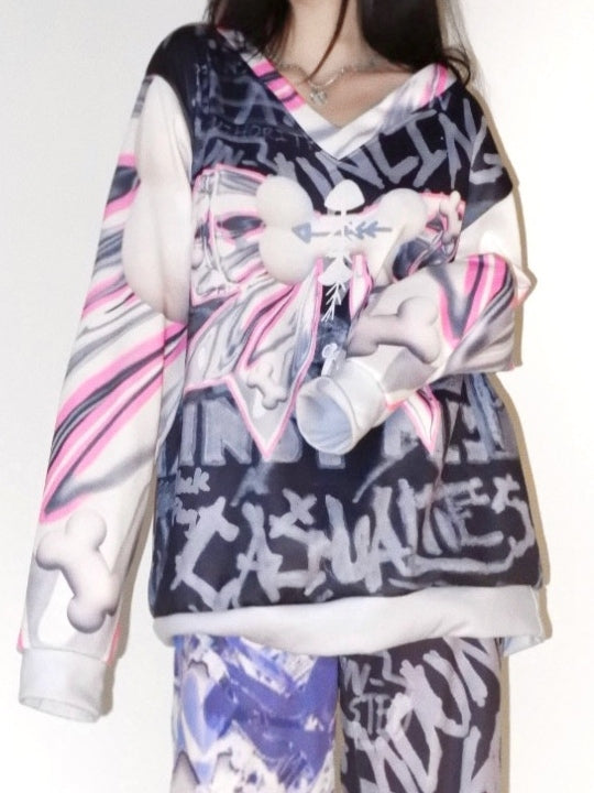 Knochen und Sweatshirt Y2K Print Große graue Schleife