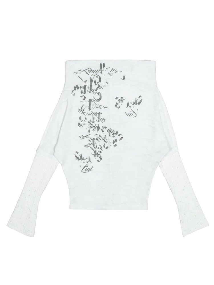 White Knit Vintage Print Top Punk with Drop Sleeves Off-Shoulder Totem Shoulder