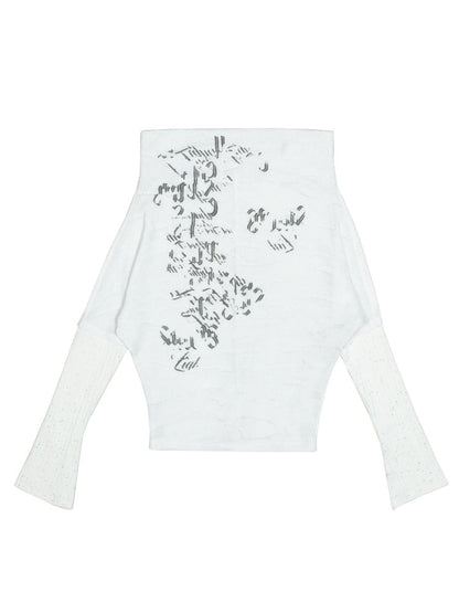 White Knit Vintage Print Top Punk with Drop Sleeves Off-Shoulder Totem Shoulder