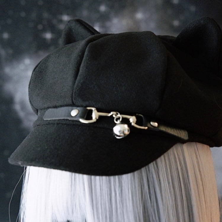 Gothic Hat Cat Black Buckle Design Ear Charm Beret Bell