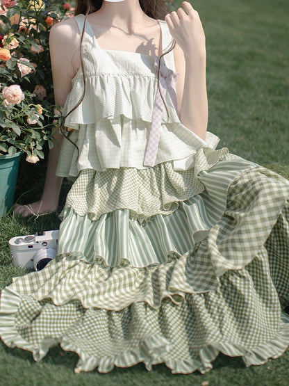 Rüschen gestuft mit Mori Kei Grün Patchwork Ärmelloses Kleid