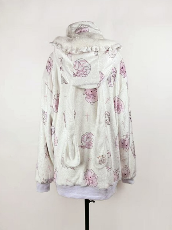 Hooded White Jirai Pattern Fleece Kei Bunny Bunny-Ear Cartoon Jacket