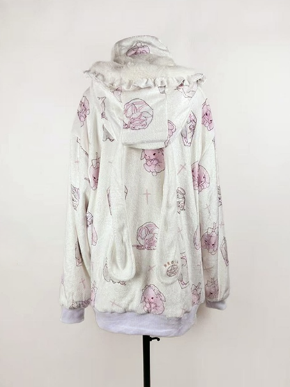 Hooded White Jirai Pattern Fleece Kei Bunny Bunny-Ear Cartoon Jacket