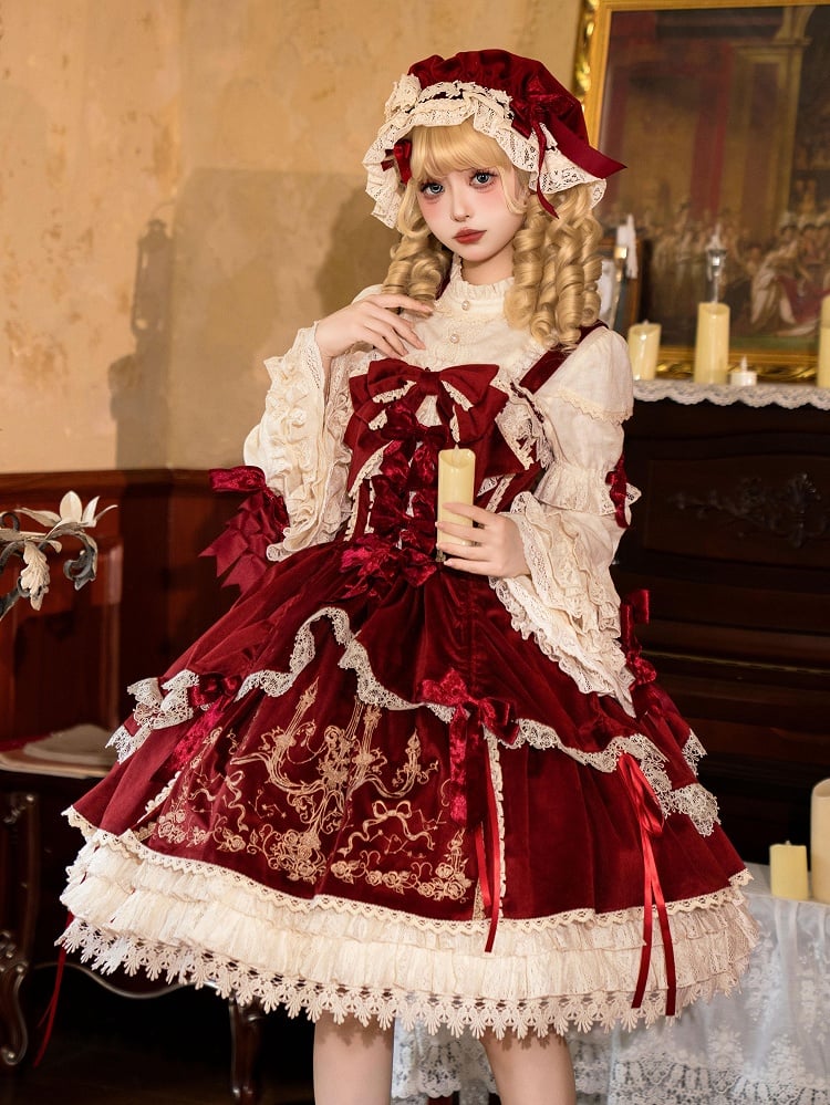 Stickerei Samtkleid Lolita / Rote Dekoration Kerze JSK Schleifen